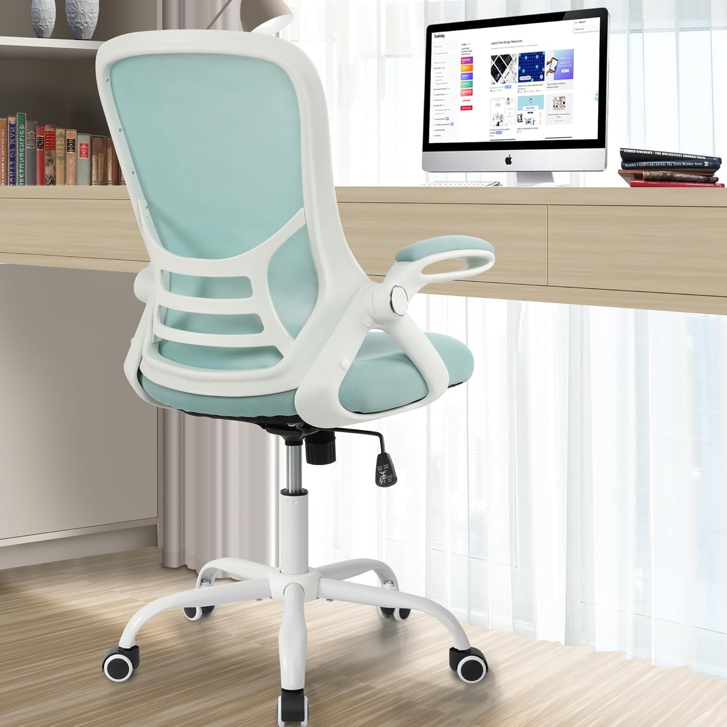 HYLONE Office Chair Ergonomic Chair with Flip up Armrests,Thickened Seat Computer Chair with Breathable Mesh Back Home Office Computer Chairs for Long Hours Mesh Office Chair(Blue)