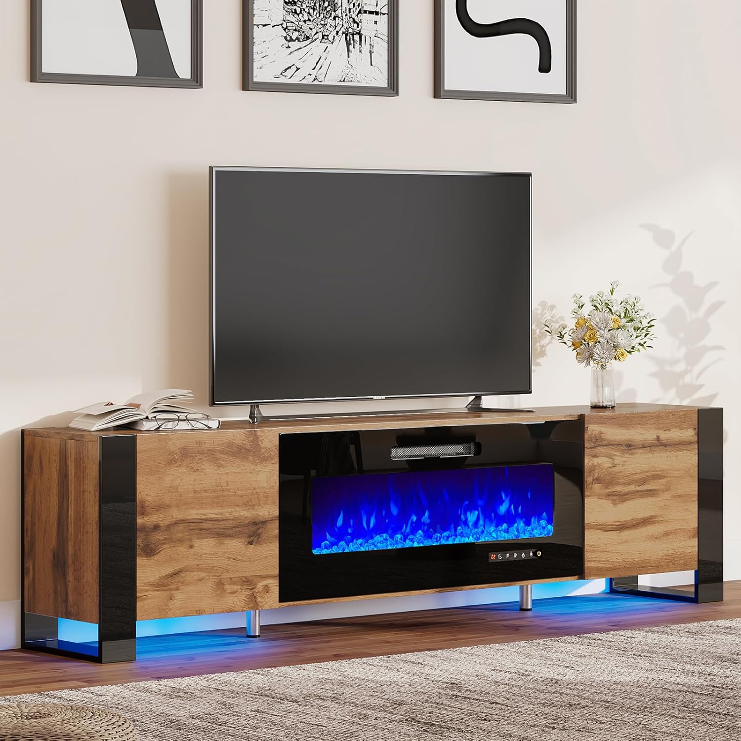AMERLIFE Fireplace TV Stand with 36 Fireplace, 70 Modern Entertainment Center with High Gloss Doors & LED Lights, U-Shaped Legs TV Console Cabinet for TVs Up to 80, Rustic Oak