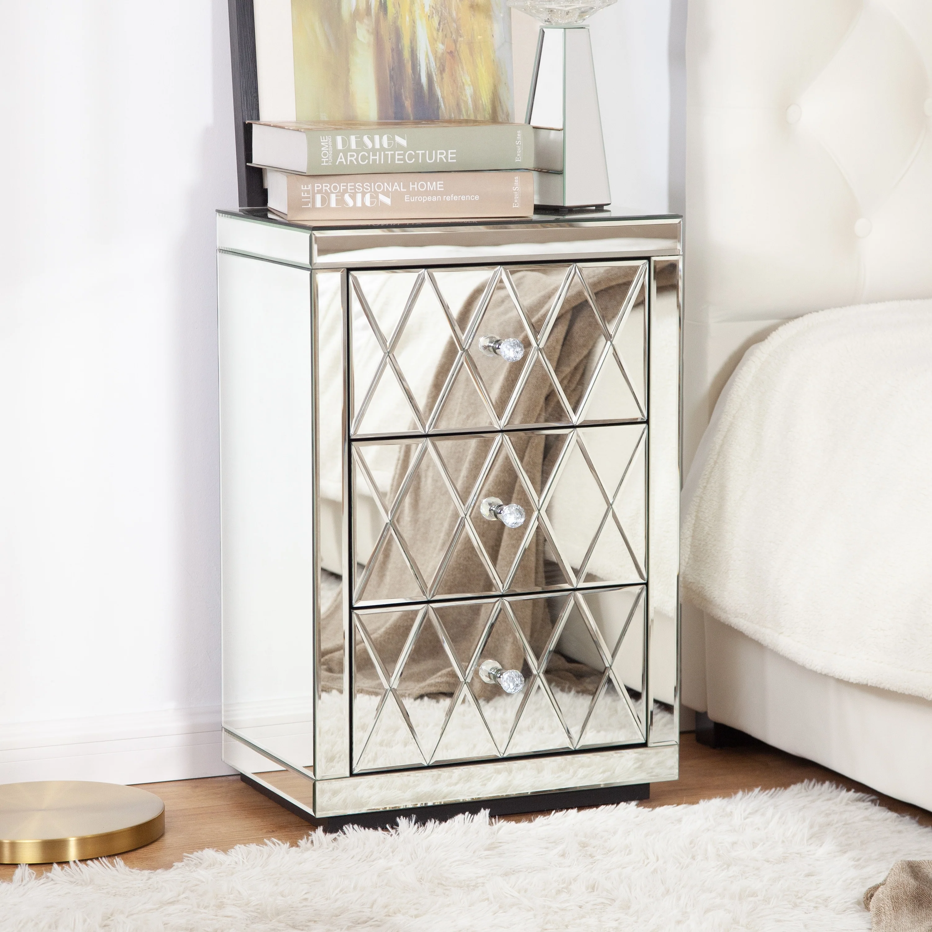 Mirrored Accent Nightstand with 3-Drawers