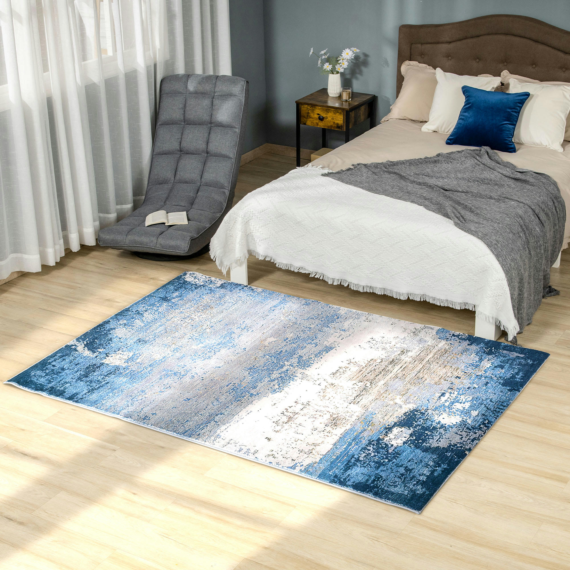 - Tapis effet tie and dye aspect cachemire bleu gris