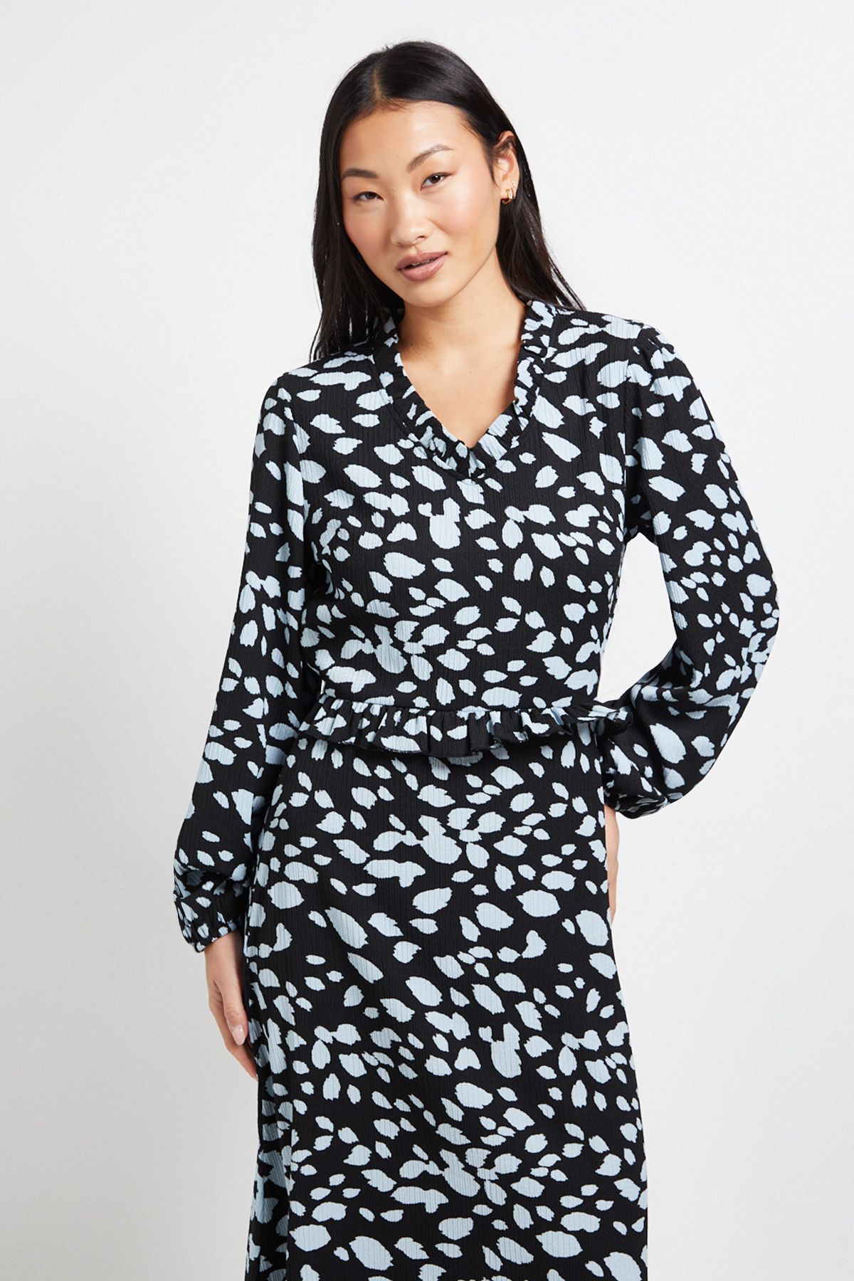 Dorothy Perkins Petite Animal Frill Scoop Neck Blouson Sleeve Jersey Midi Dress