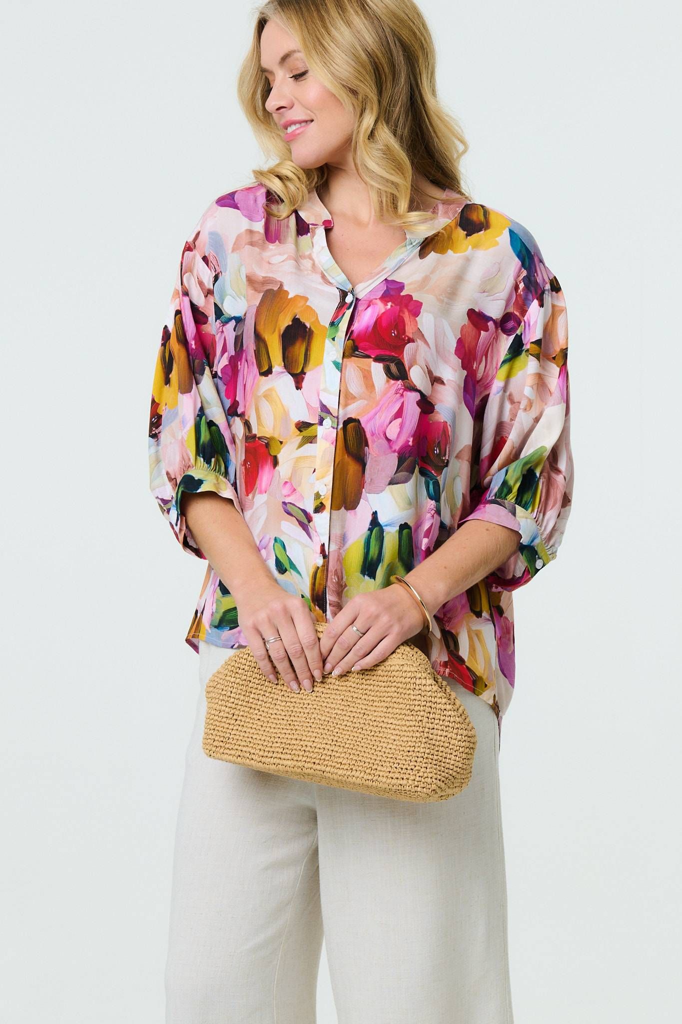 Izabel London Brushstroke Print 3/4 Sleeve Shirt