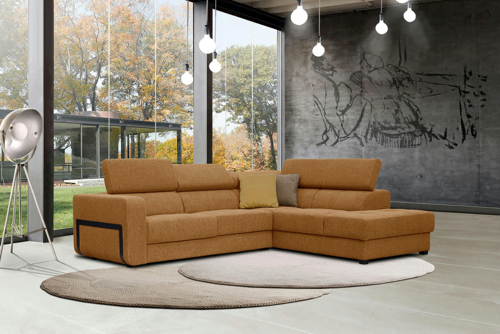 BERGO - Canapé d'angle droit 5 places en tissu orange avec coussins déco