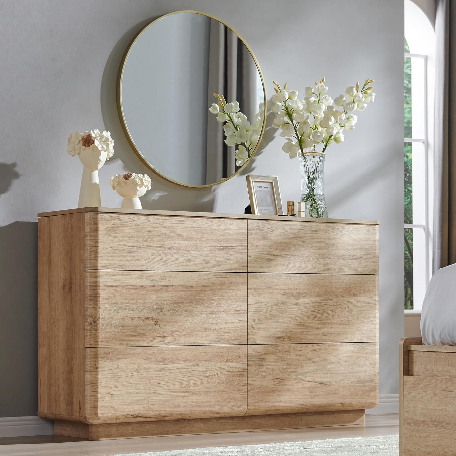 ACCOHOHO Modern 6 Drawer Dresser for Bedroom, 52 Wide Wooden Dressers with Large Storage,Handleless Chest of Drawers TV Stand for Living Room & Hallway, Curved Profile Design,Natural Oak