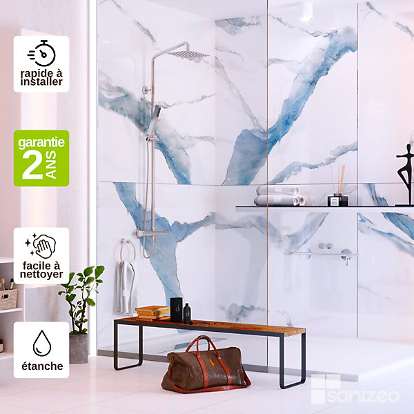 Kit de 2 Panneaux d'Habillage Décoratif Mural Douche, L120xl120x0.4 cm, finition bleu, Calacatta BLUE KOBERTIN