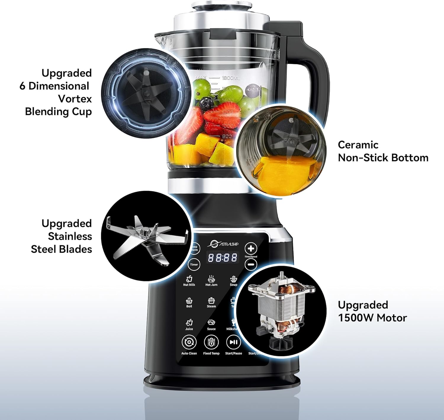 Glass Blenders for Kitchen with Tamper, Blender for Smoothies, Professional Blenders 1500W Motor, 9 Adjustable Speeds, 14 Preset Programs, High-Speed Heating Blender for Nut Milk, Soups, Sauces & More