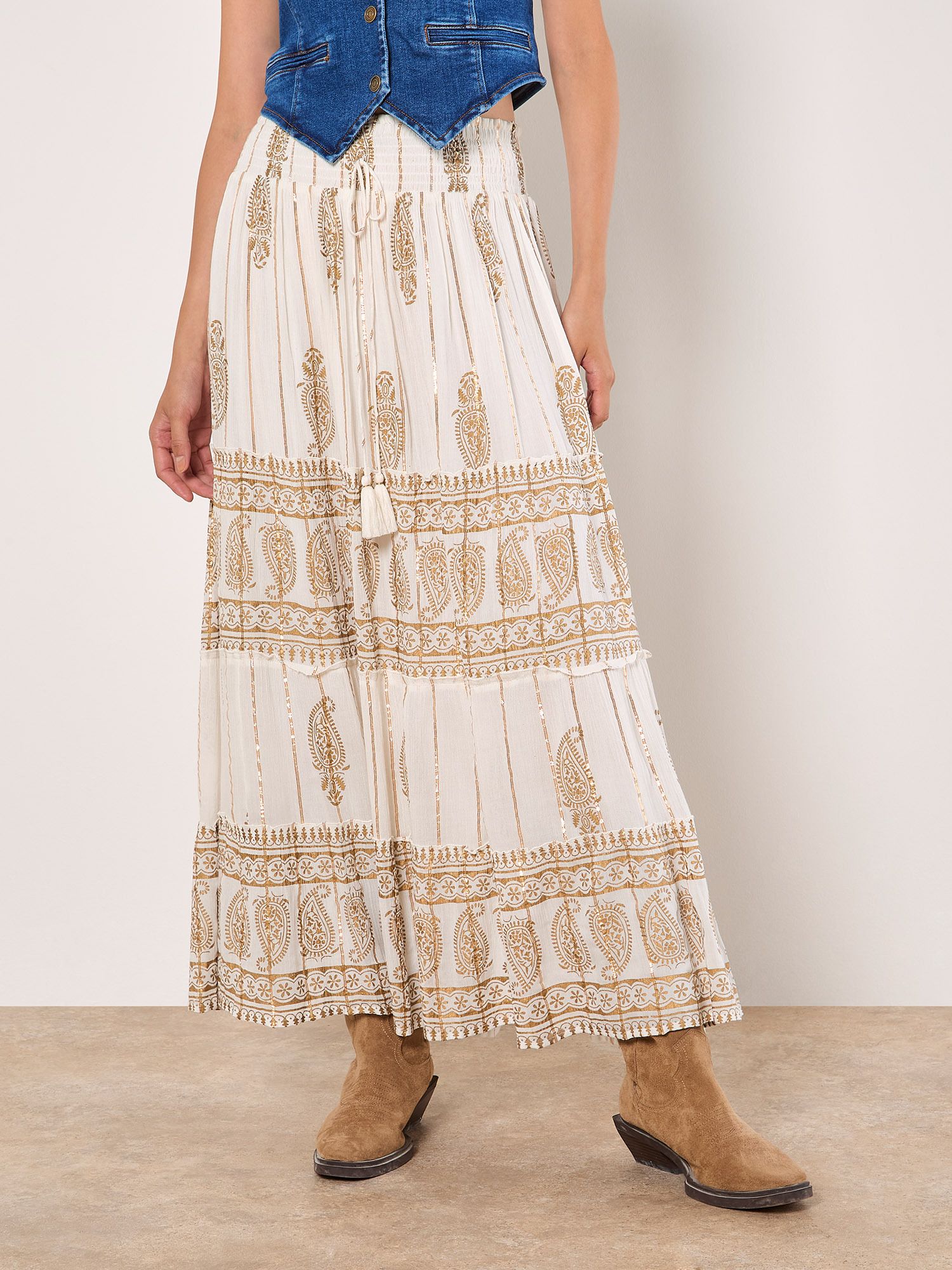 Apricot Gold Foil Paisley Tiered Maxi Skirt