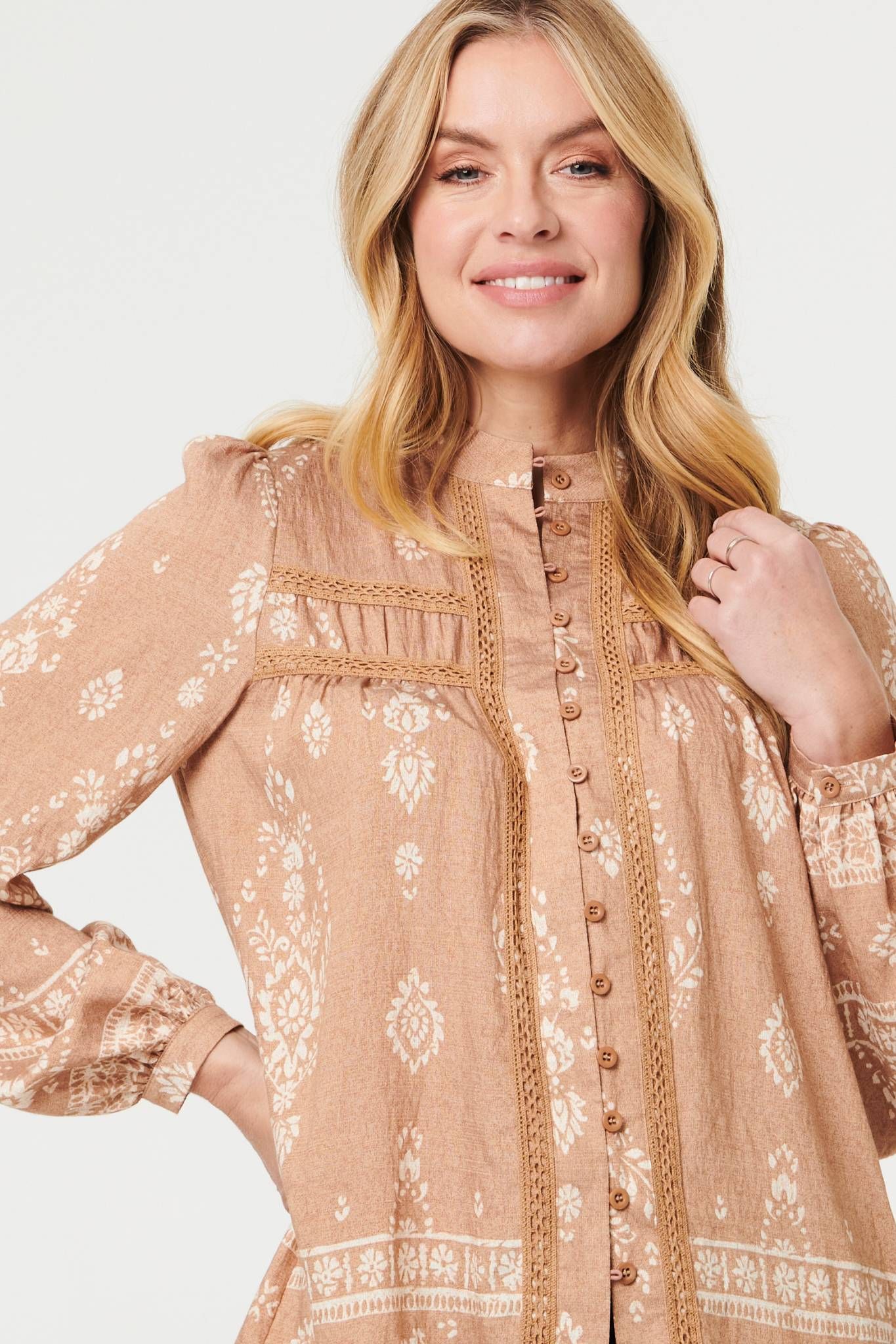 Izabel London Printed Lace Trim Long Sleeve Blouse