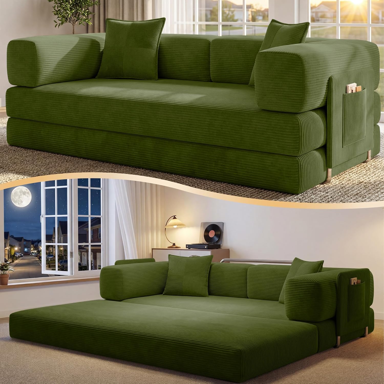 78.8 Convertible Sofa Bed,Corduroy Futon Couch with Storage Pocket,Folding Pull Out Futon Sofa,No Assembly Boneless Couch for Living Room,Green
