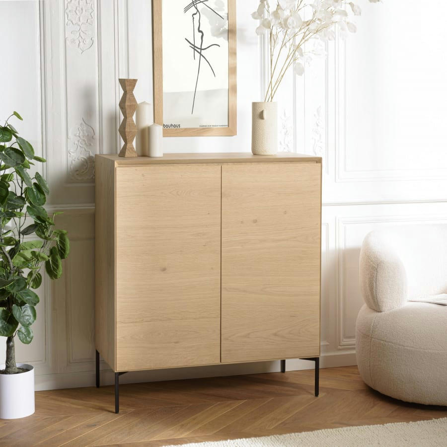 MAXENDRE - Buffet couleur naturelle 2 portes 3étagères pieds métal noir