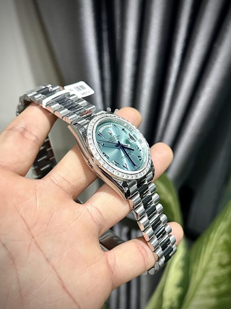 Rolex Day-Date 904L Steel Ice Blue Arabic Dial CZ Diamonds 40mm Super Clone