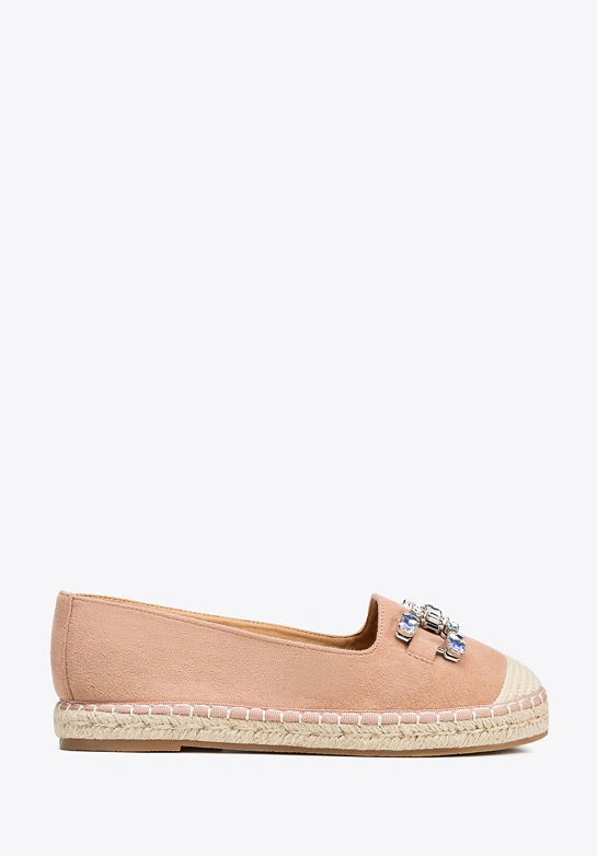 Damskie espadryle z biżuteryjną ozdobą beżowo - różowe