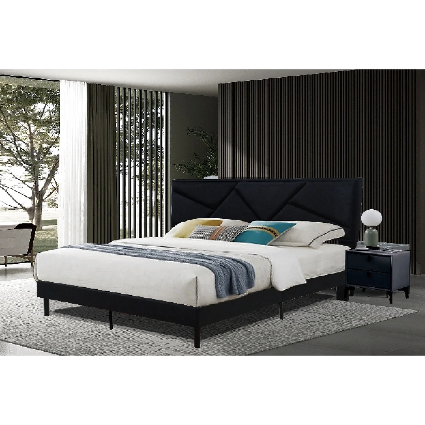 Upholstered Wingback Bed Frame with Noise-Free Design and Golden Lines