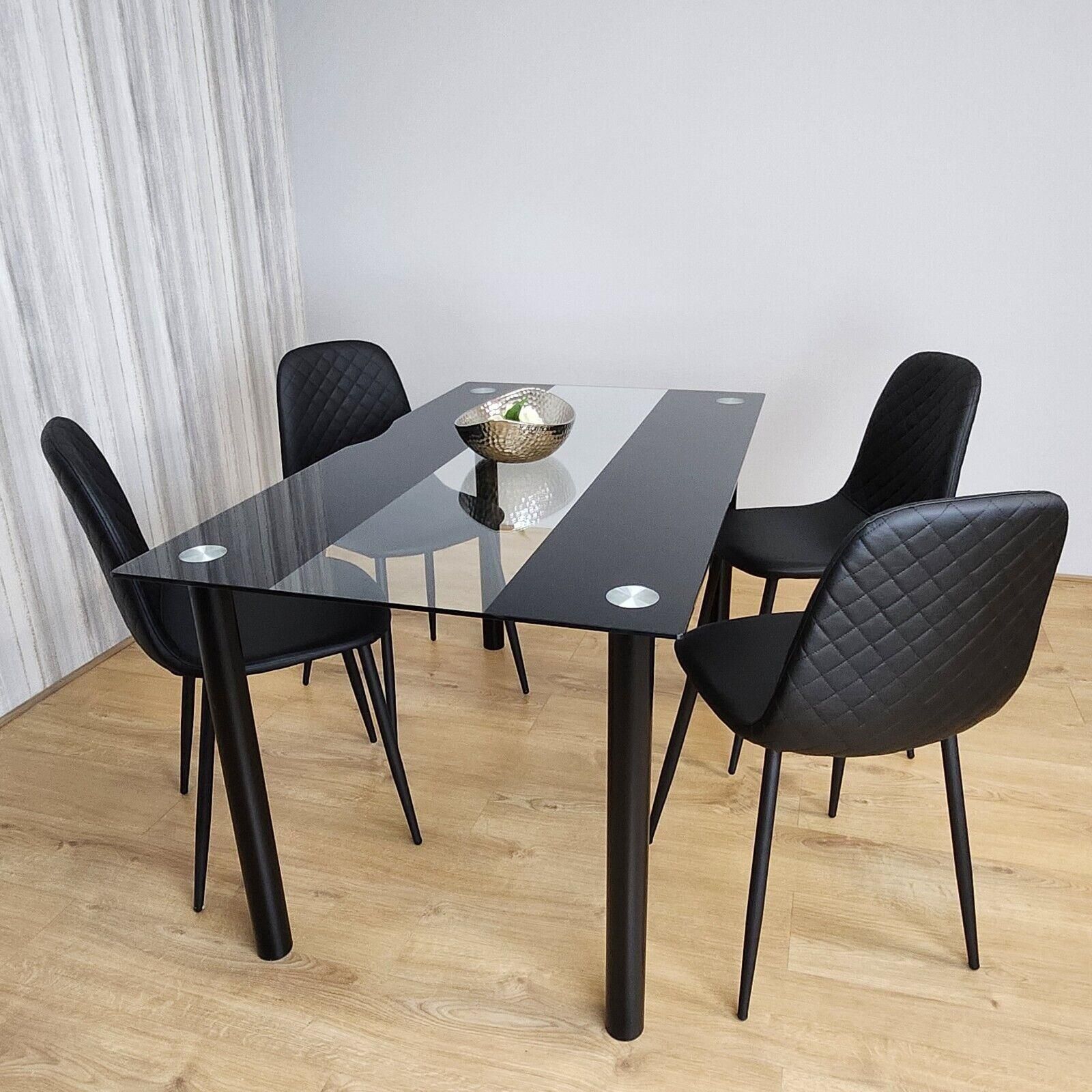 KOSY KOALA Black Glass Dining Table Set With 4 Gem Pattern Chairs For Dining Room Furniture