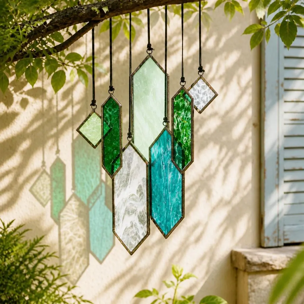 Handmade Adjustable Height Geometric Glass Suncatcher Wind Chime,Modern Window Stained Glass Hanging,Patio Garden Ornament,Housewarming Gift
