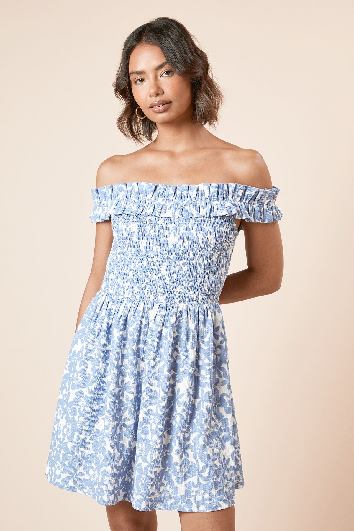 Dorothy Perkins Blue Floral Shirred Bodice Bardot Jersey Mini Dress