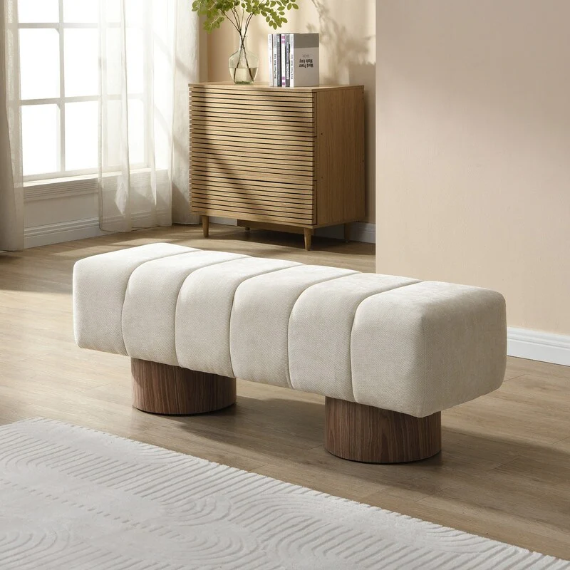 Upholstered Dining Bench – No-Assembly Entryway Ottoman with Chenille Fabric & Wood Legs, 300 lb Capacity .