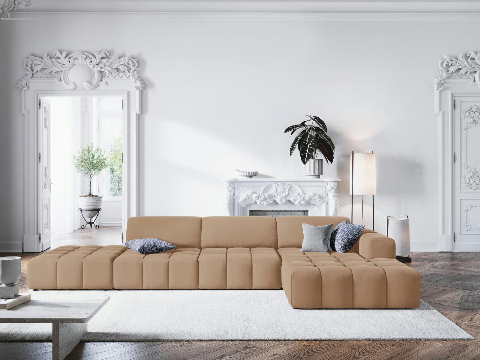 LUC - Canapé d'angle droit 5 places en tissu velours beige foncé