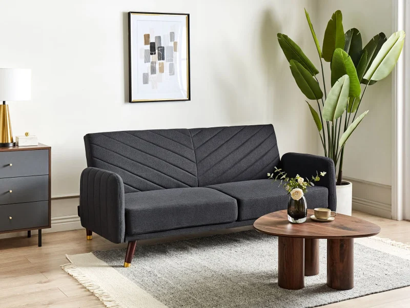 Sofa kanapa rozkładana len syntetyczny czarna