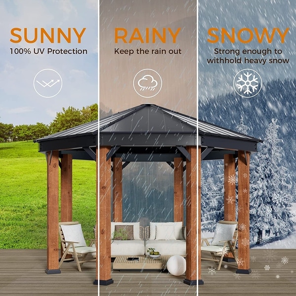 Outdoor Galvanized Steel Roof Gazebo Pergola w Wooden Coated Alumninum Frame, Privacy Curtains and Nettings Include