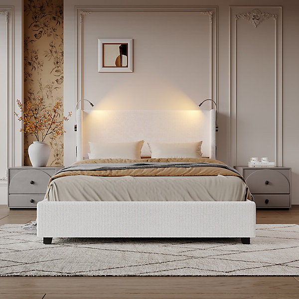 Lit capitonné 140x200cm avec une lampe de lecture , Lit Coffre avec Espace de Rangement, Sommier à Lattes, velours côtelé, Beige