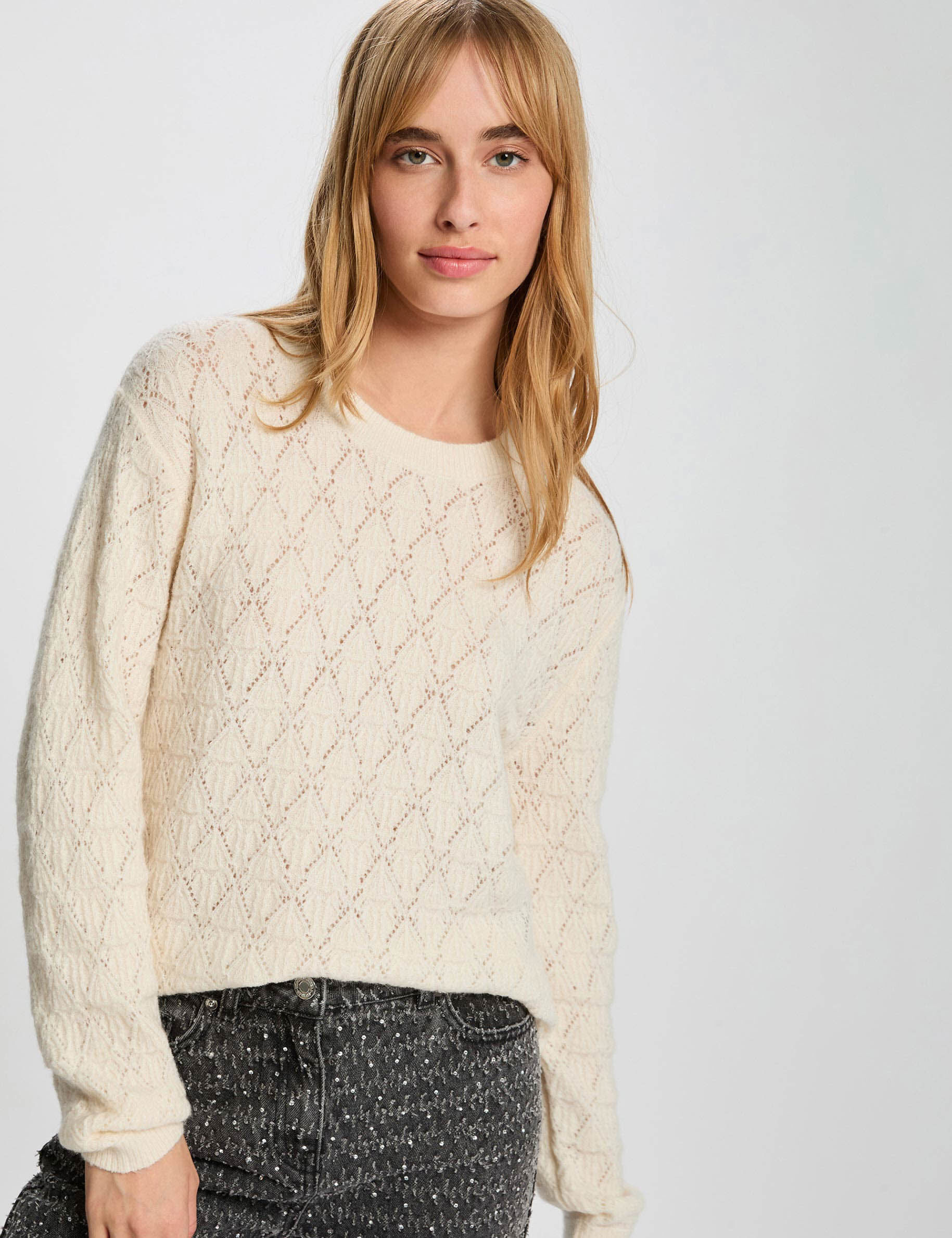 Fancy Round Neck Sweater Ivory Women