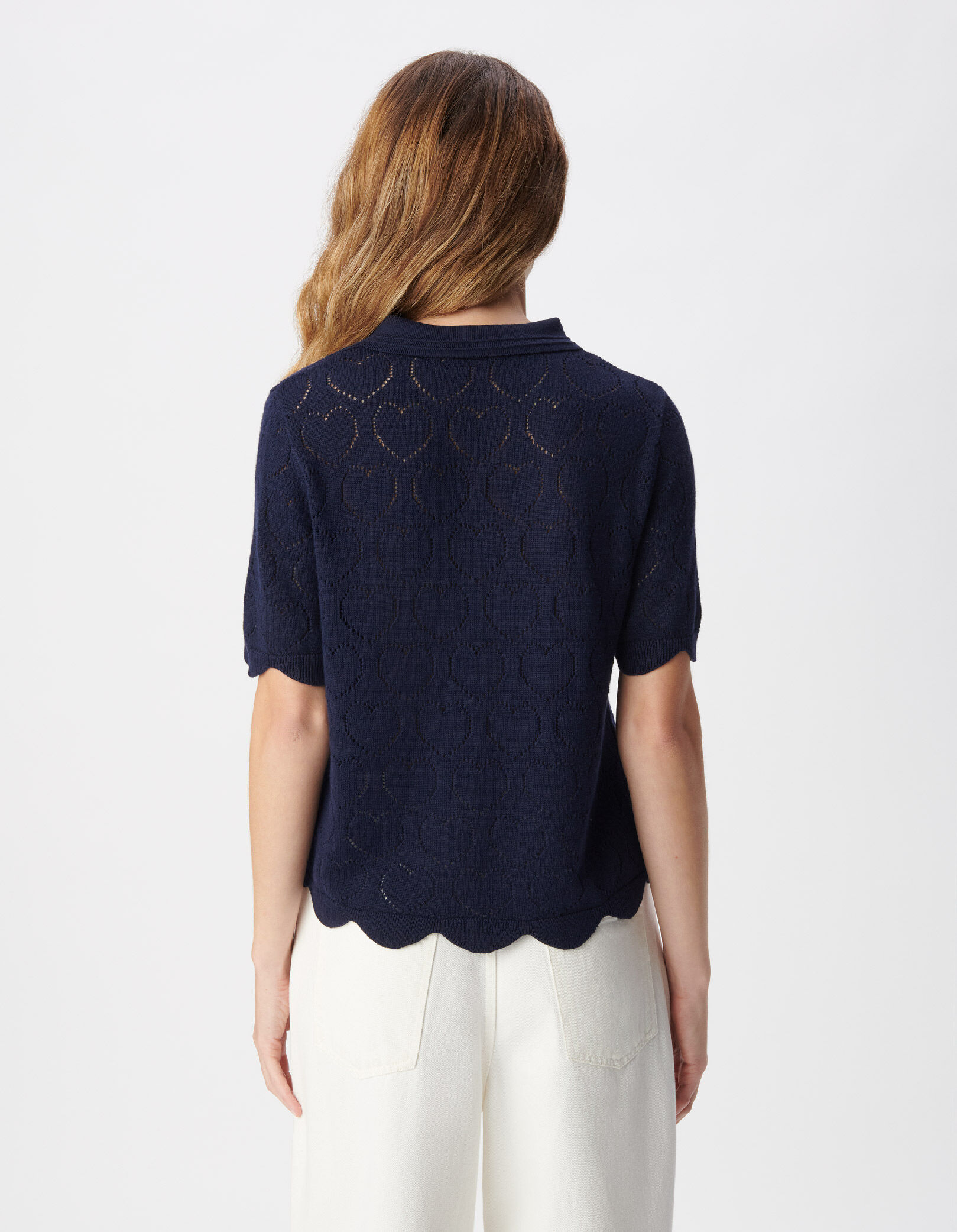 Pull col polo marine tricot ajouré cœurs Femme
