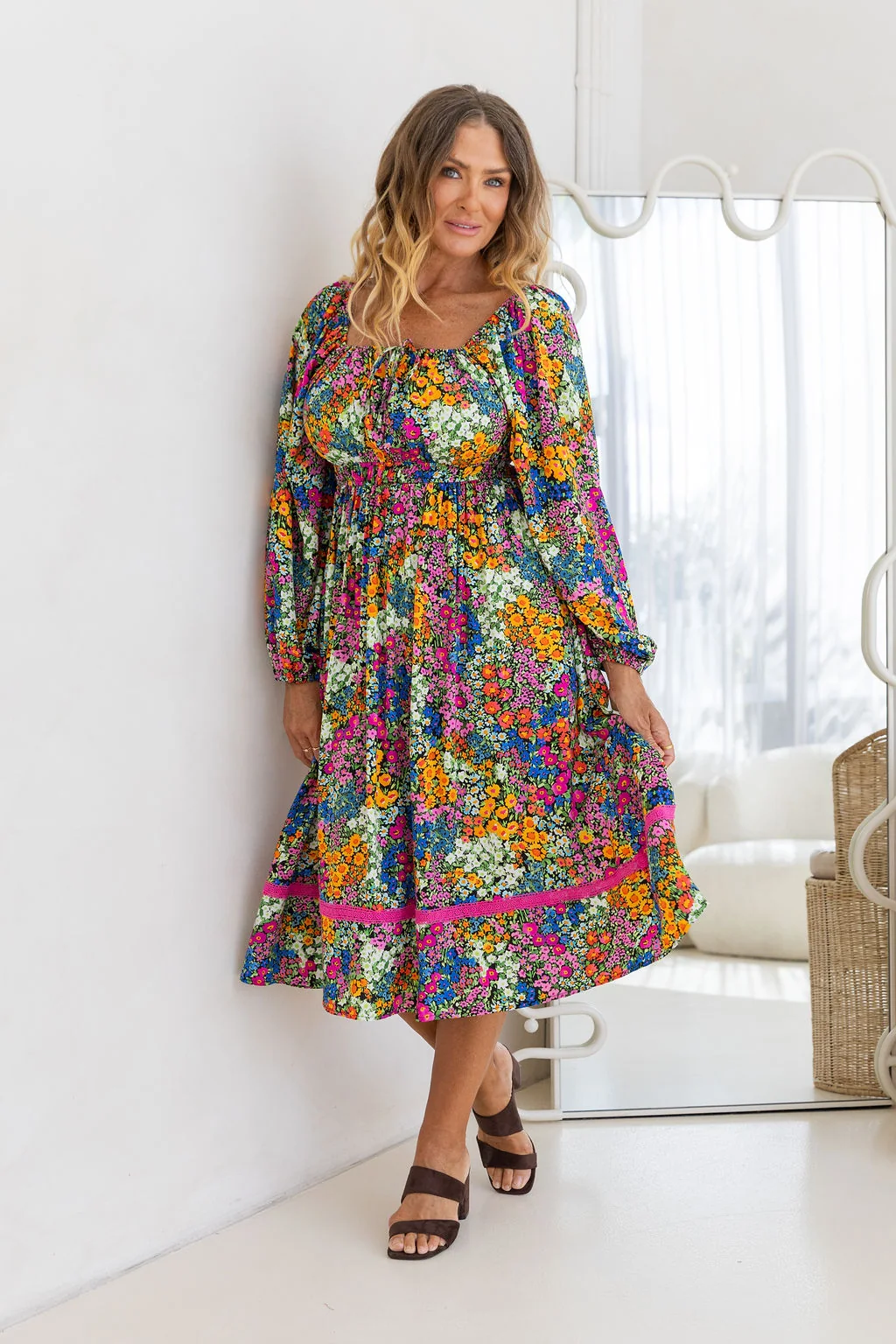 Long Sleeve Amberly Midi Dress in Flower Field Dawn