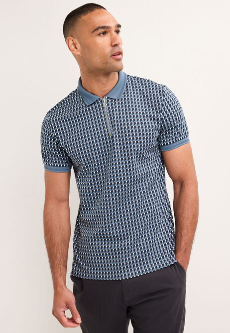 Mens Blue Geo Print Polo Shirt