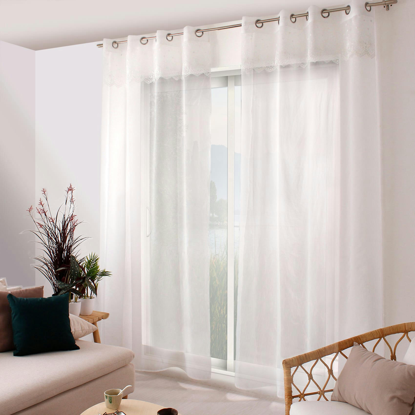 - Voilage en étamine avec top à volant brodé polyester blanc 140x240 cm