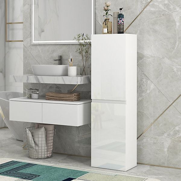 Meuble colonne rangement salle de bain style contemporain façade laquée 2 portes étagères blanc
