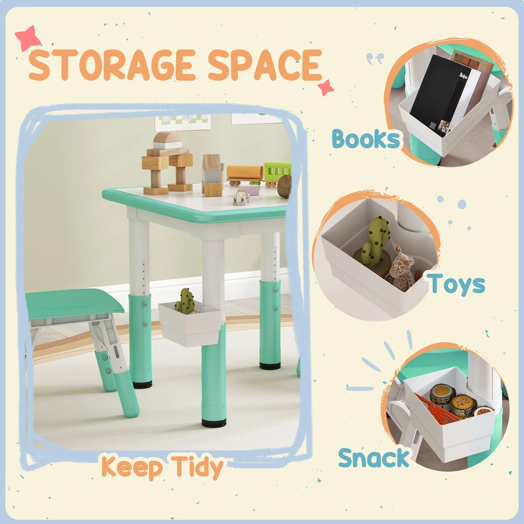 Height Adjustable Kids Table and Chair Set with Storage, 3-Piece Set for Toddlers 18 Months-5 Years