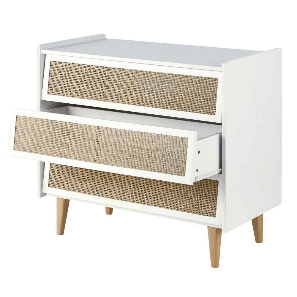 Ysee - Commode 3 tiroirs blanche et cannage en rotin