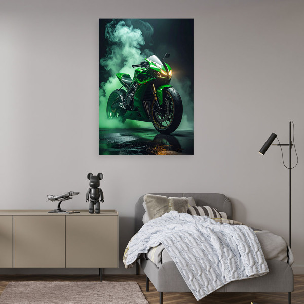 Obraz nowoczesny do pokoju młodzieżowego, Zielony Motocykl Motor 20x30