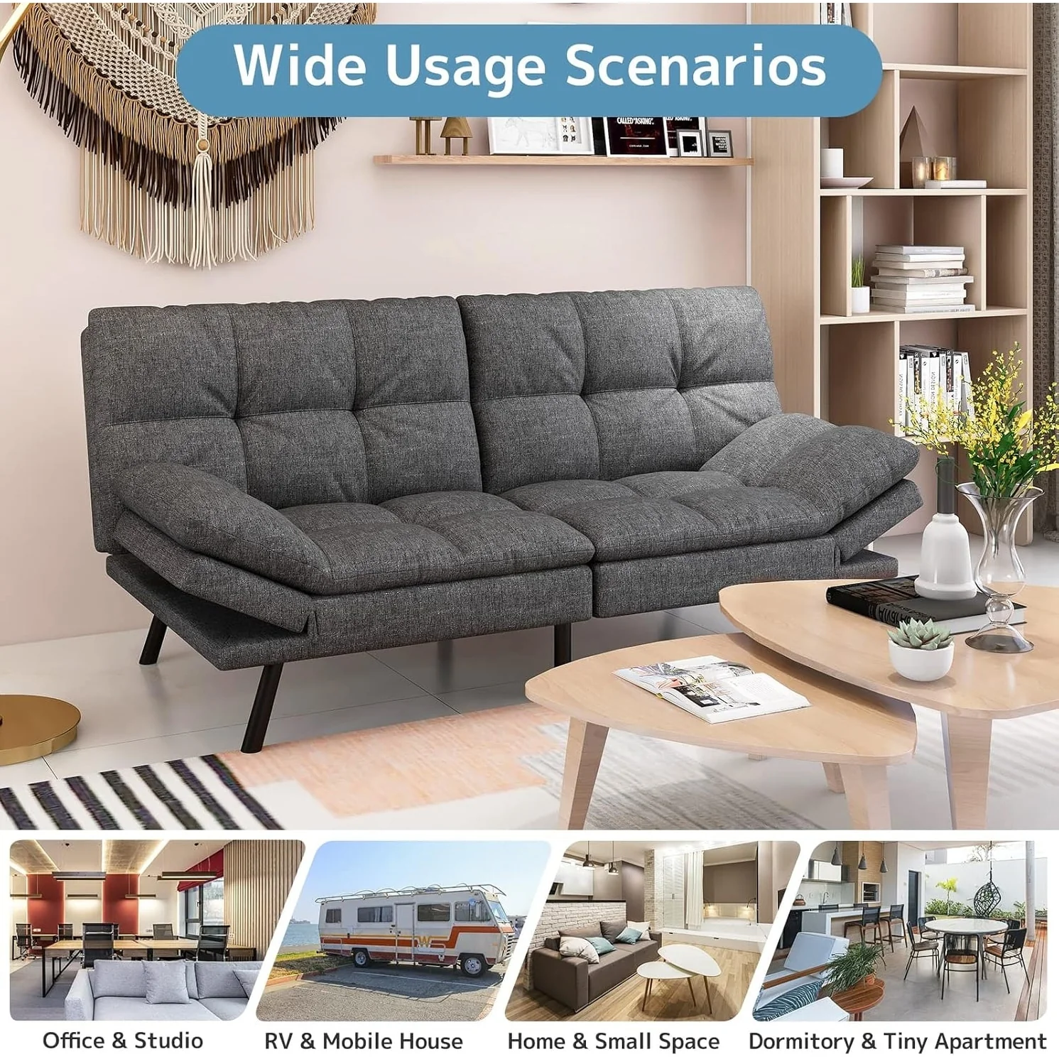 Futon Sofa Bed, Memory Foam Foldable Couch Convertible Loveseat Sleeper Daybed with Adjustable Armrests for Small Space