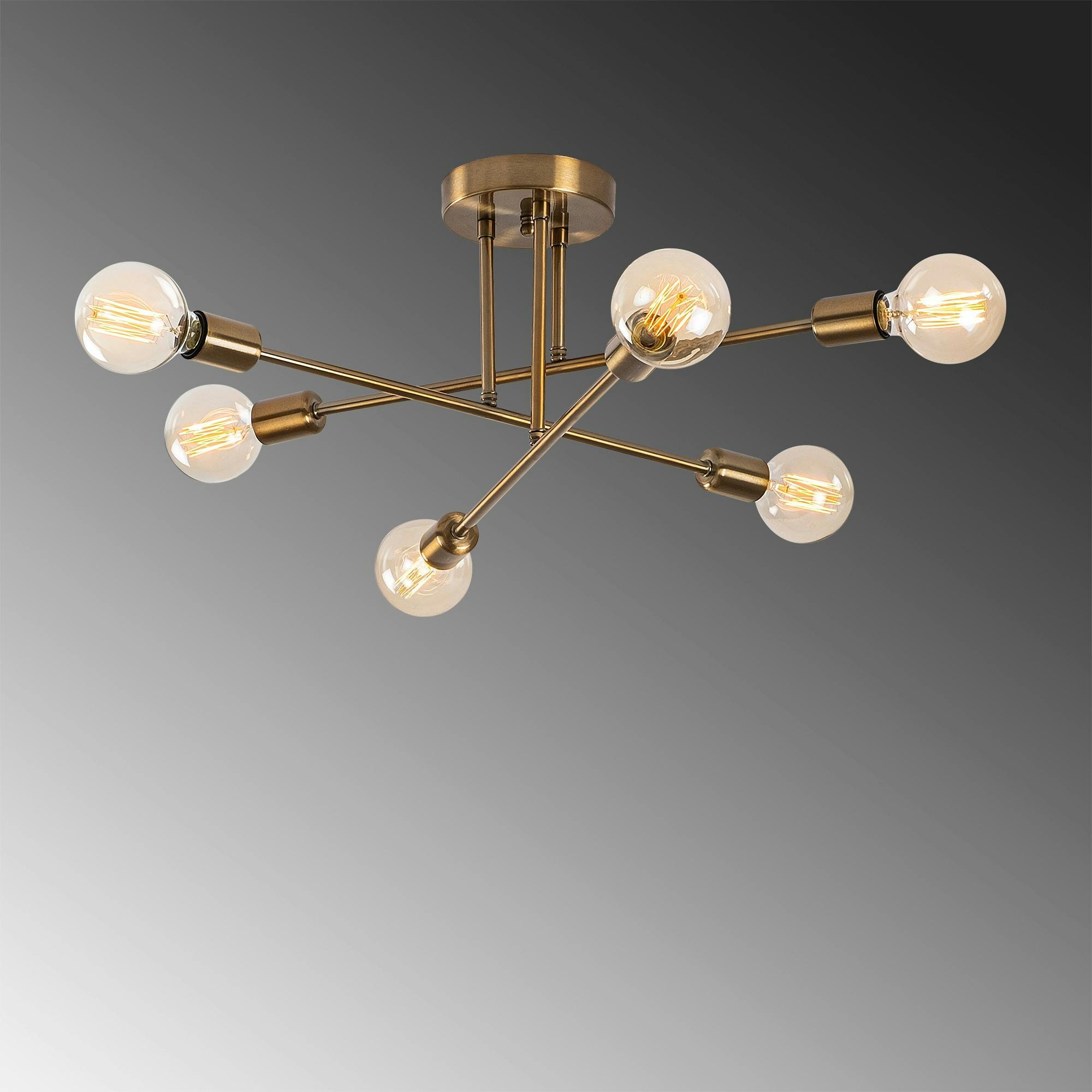 Plafonnier design doré, 6 lampes sur tiges MARATEA