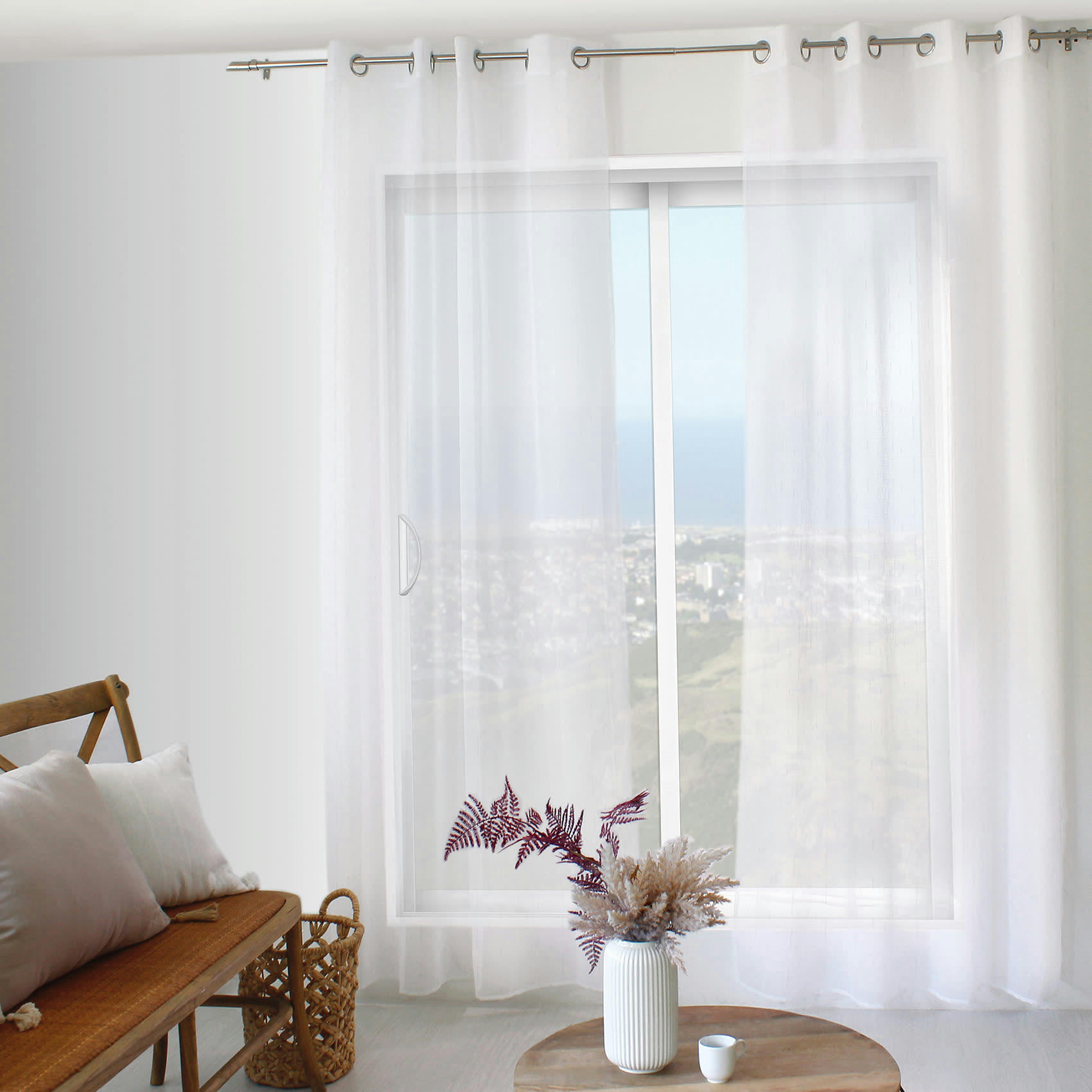 - Voilage aux fils tissés argentés polyester/etamine blanc 140x240 cm