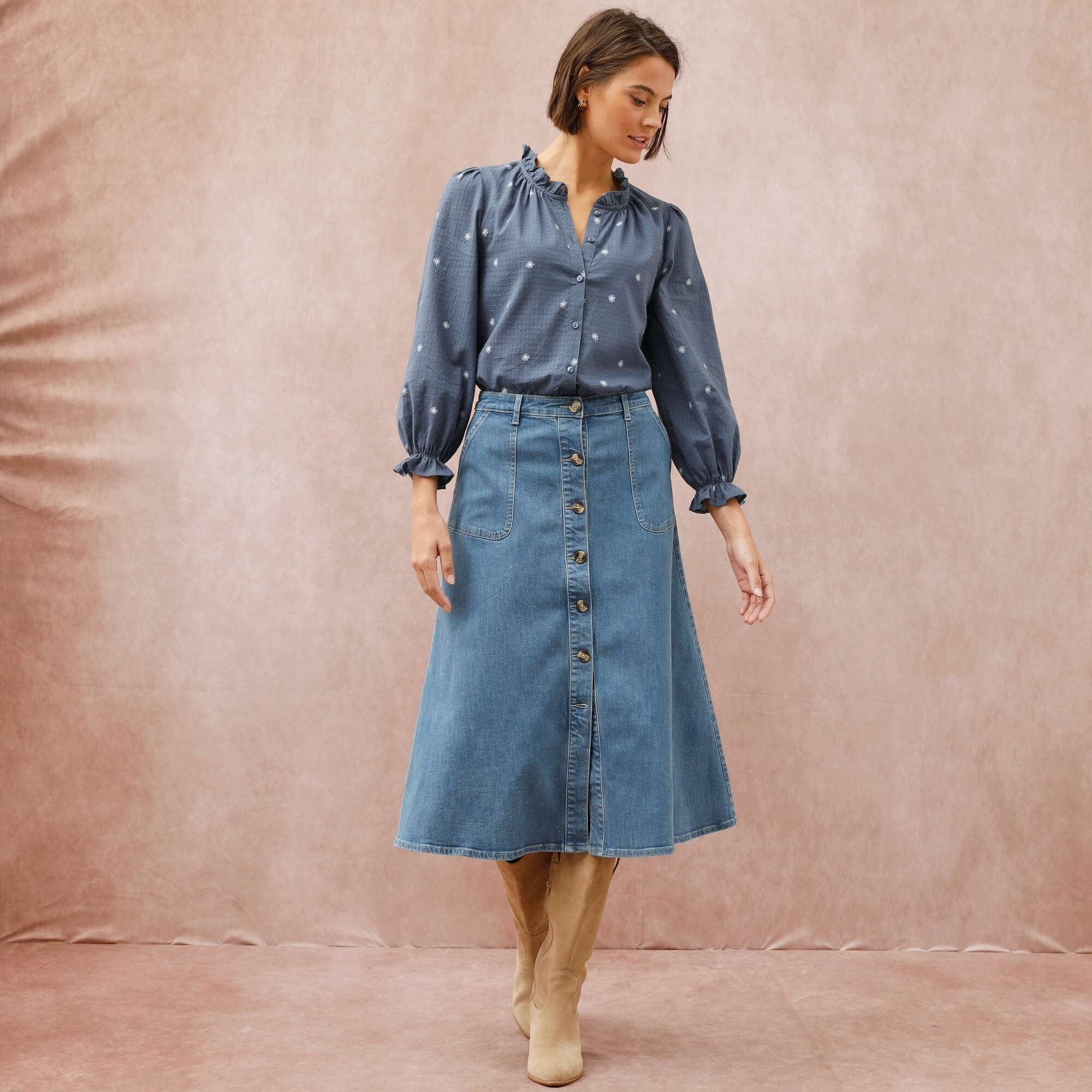 Jupe longue évasée boutonnée devant, denim stretch
