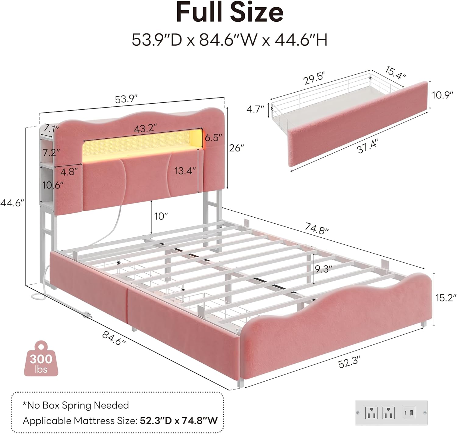 LIKIMIO Full Upholstered LED Bed Frame with 2 Storage Drawers and Bookcase Storage Headboard, Velvet Princess Platform Bed with Charging Station, Heavy Duty Metal Support, No Box Spring Needed, Pink
