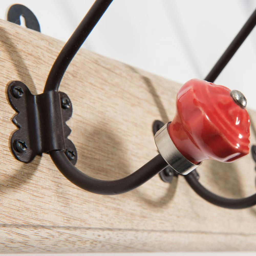 Gariottes - Patère en manguier 4 crochets en métal et céramique