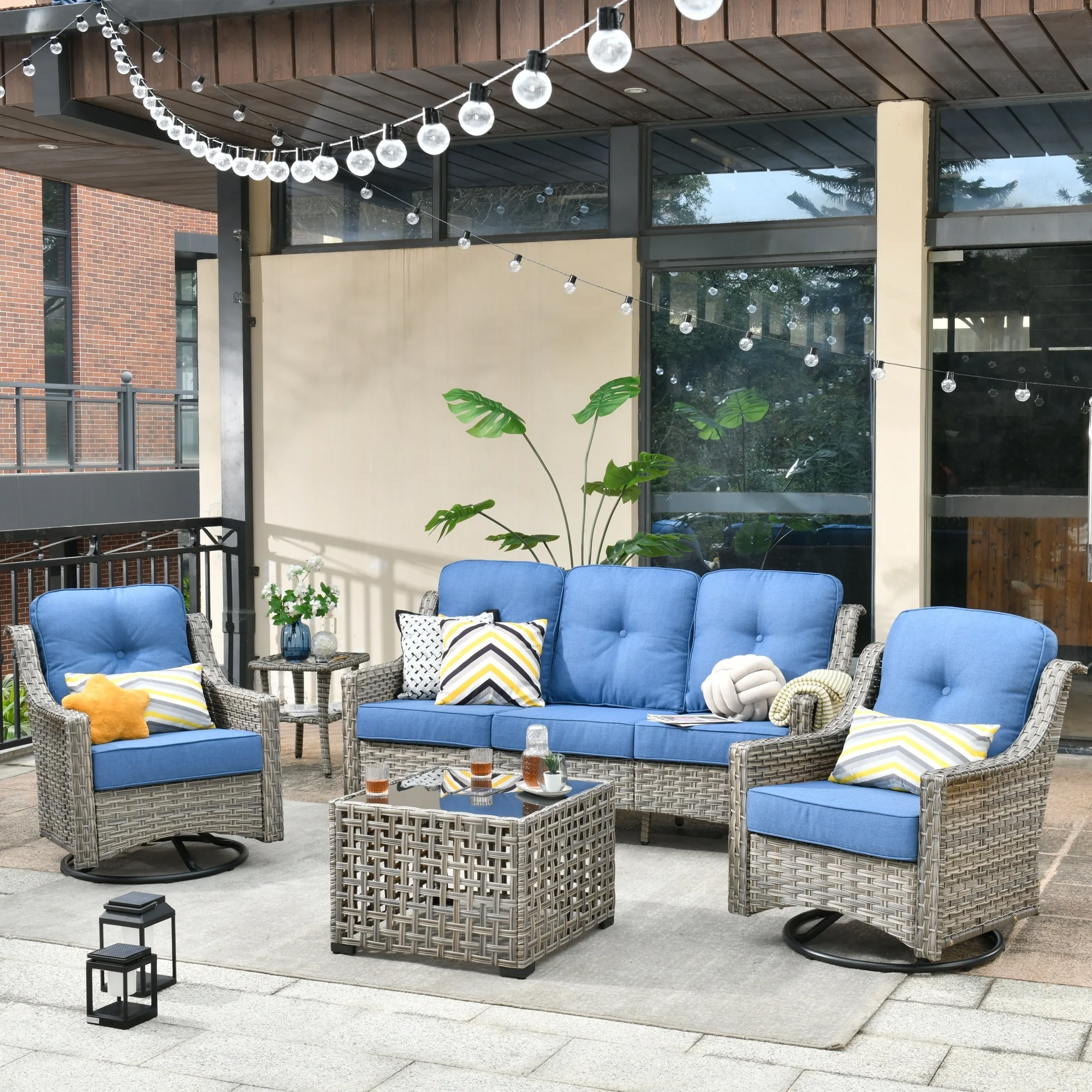 HOOOWOOO 5-piece Rattan Wicker Outdoor Conversation Set with Swivel Chair and Coffee Table