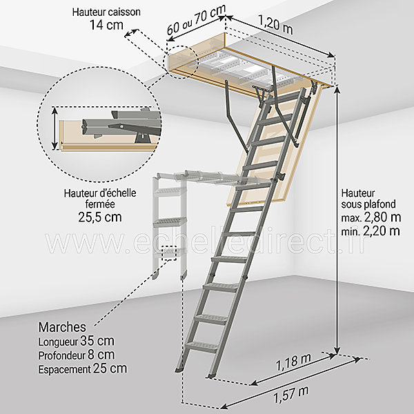 Echelle escamotable en métal - Trémie de 70 x 120cm - Hauteur de 2.20 à 2.80m - LMS70120-2