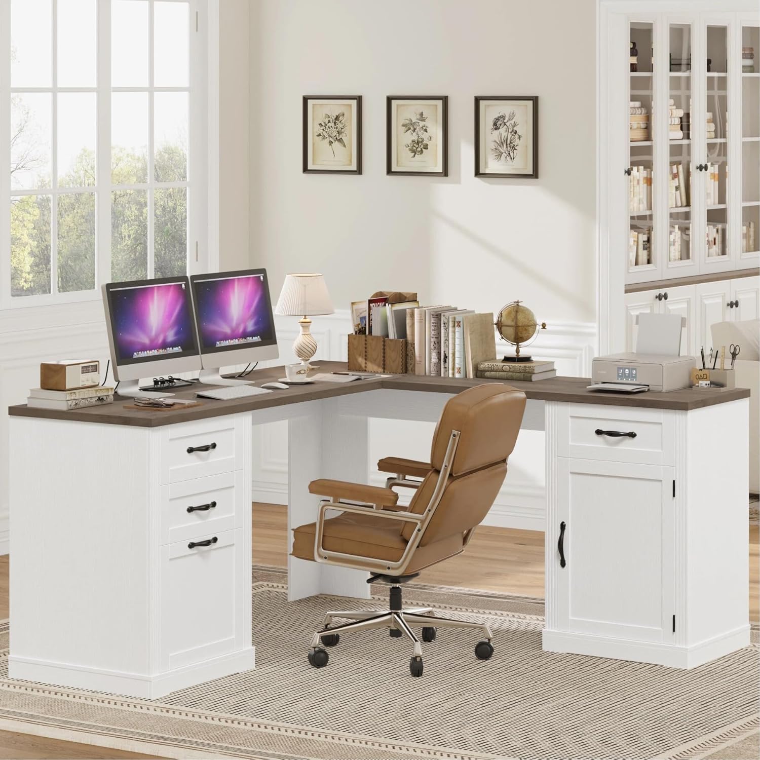 HIFIT Farmhouse Executive L Shaped Desk with Power Outlets, 60 Corner Computer Desk with 3 Storage Drawers & 2 File Cabinets, L Shaped Home Office Desk for Study, White