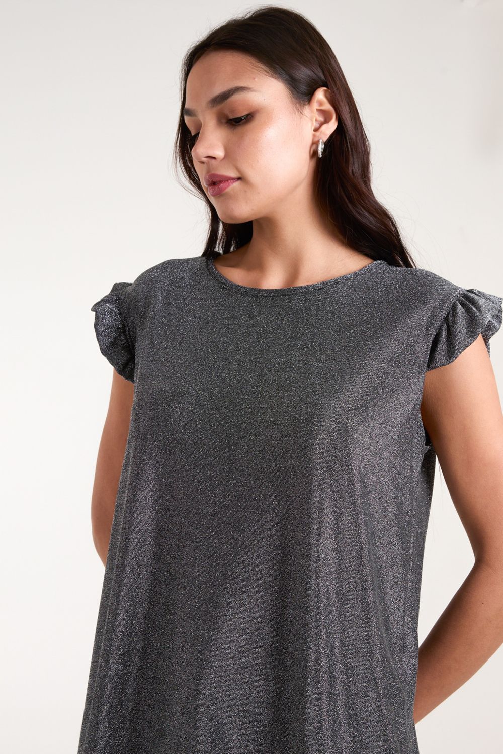 Blue Vanilla Frill Sleeve Metallic Top