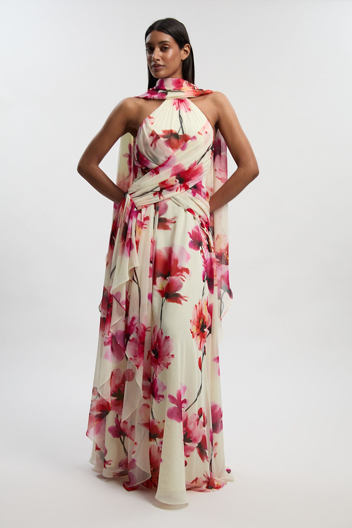 KarenMillen Floral Print Crinkle Cross Front Georgette Woven Maxi Dress