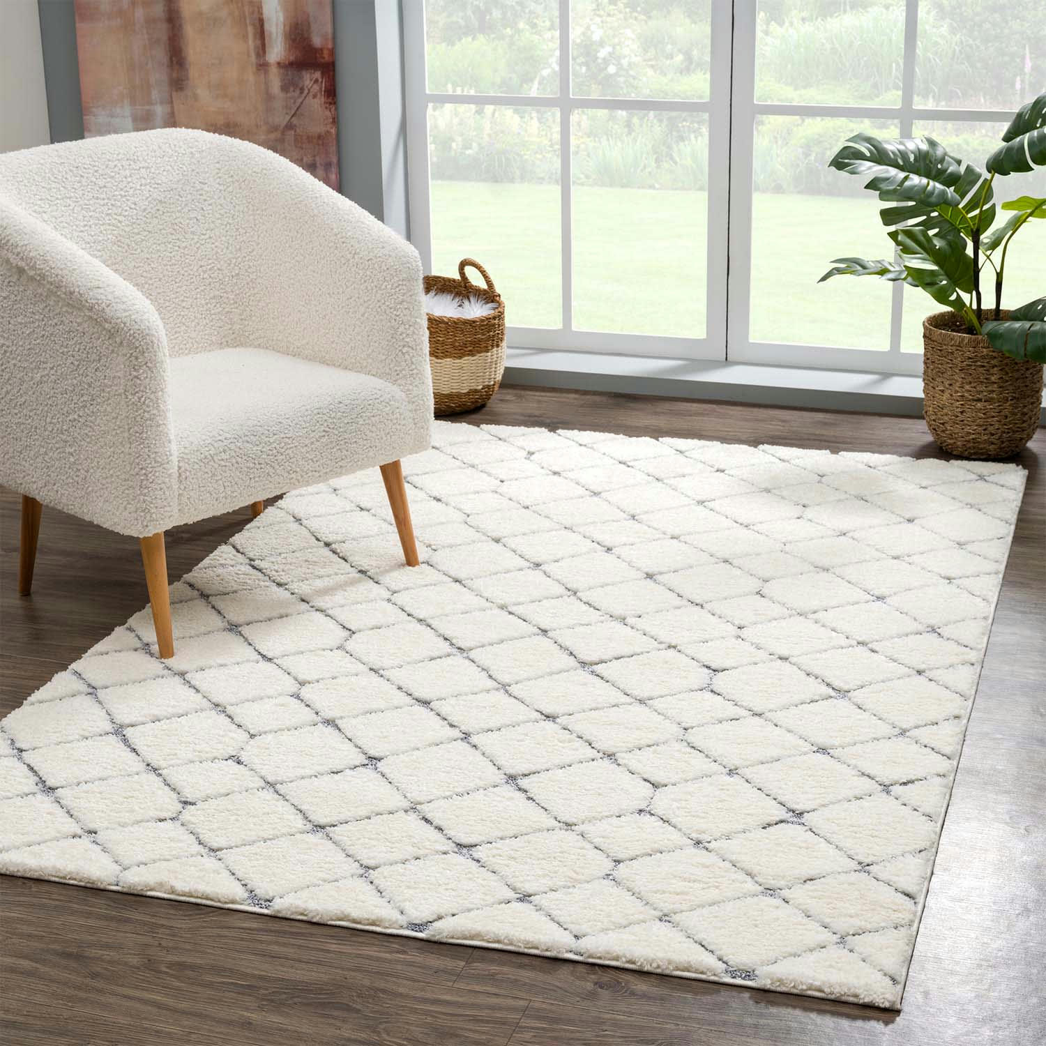 BÖHMEN - Tapis à poils longs et relief crème et gris 160x230cm