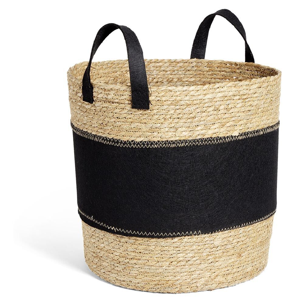 Panier à linge 42L jonc de mer et feutrine noir Ø37xH38cm
