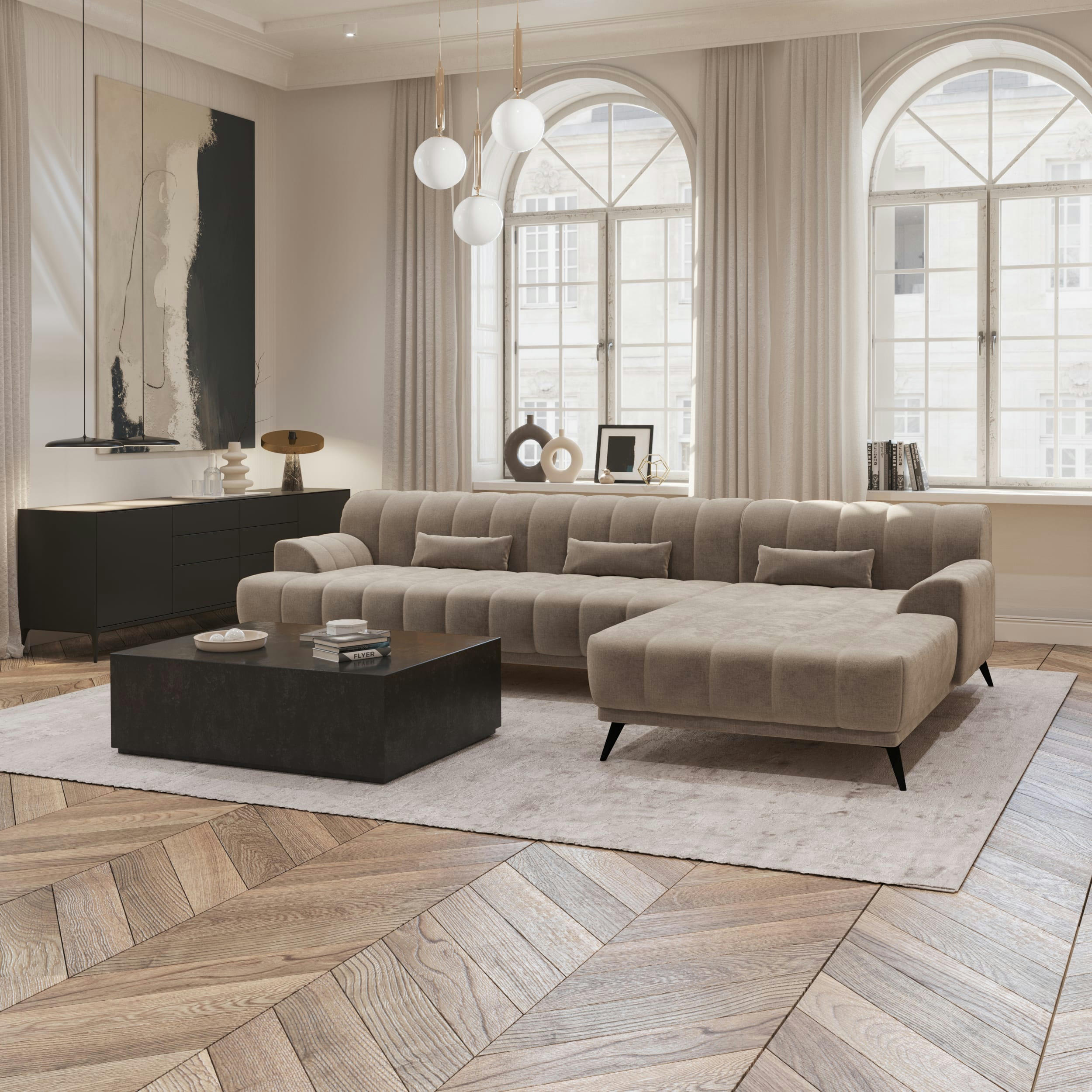 NOAH - Canapé d'angle droit  tissu velours taupe