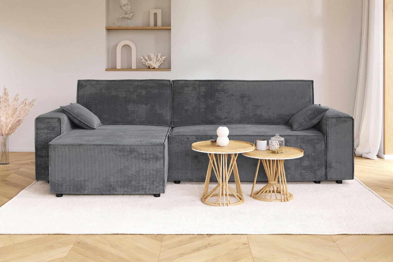 MARIUS - Canapé d'angle convertible en velours côtelé 4 places gris souris
