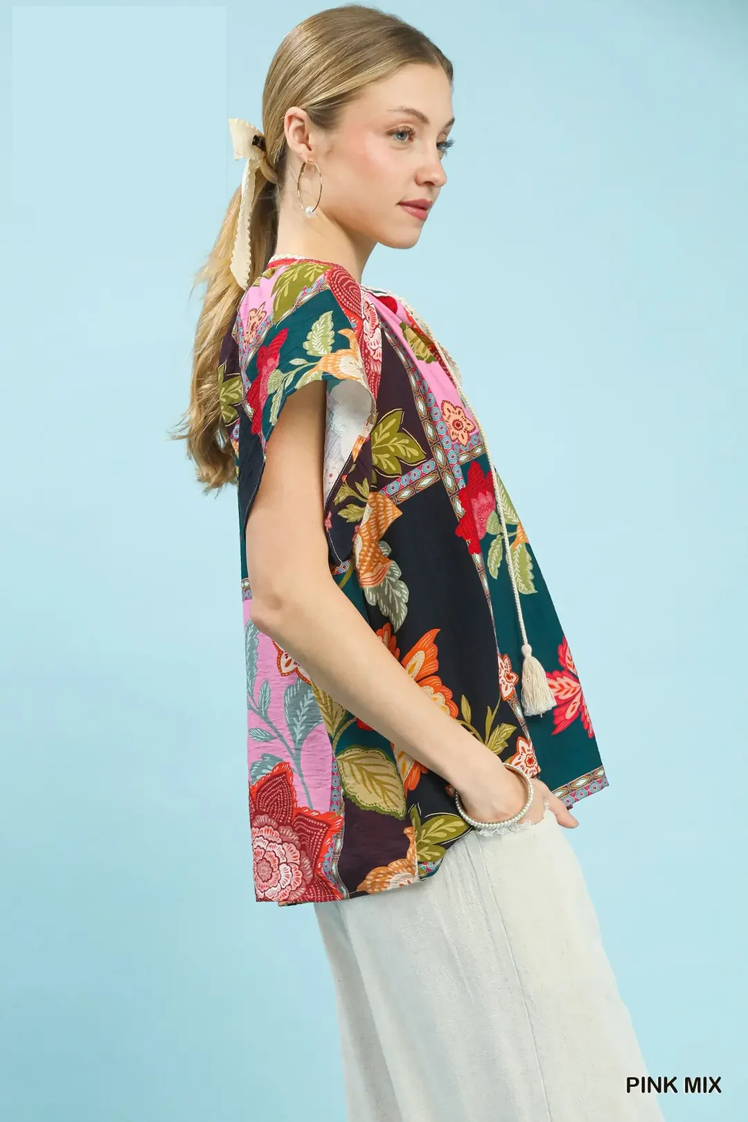 Mix Floral Patchwork Tassel Tie Top